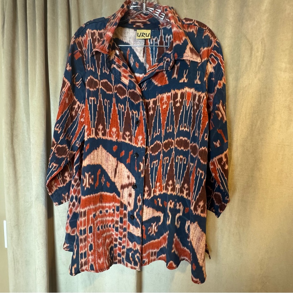 URU Women's Abstract Button Down Shirt - tribal‎ Ikat 100% Silk vintage XL